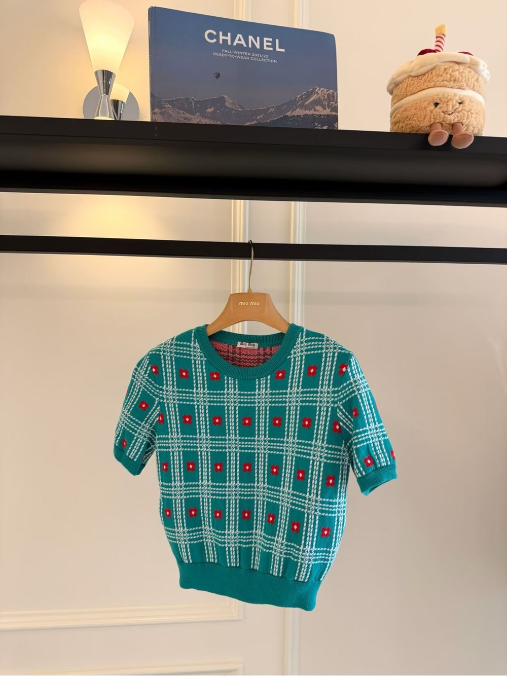 🚩steal Miu Miu Teal Plaid Short-Sleeve Knit Sweater with Red Dot Accents